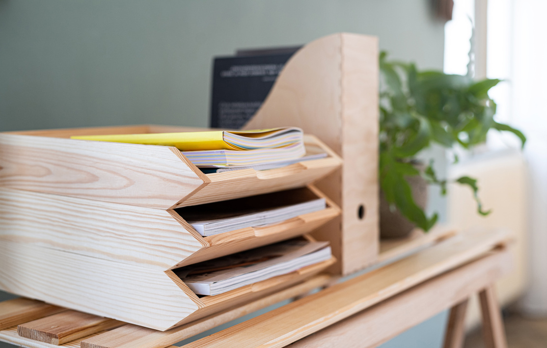 Paper and Document Wooden Tray Holders and Organisers on Desk, Natural Decor Concept.